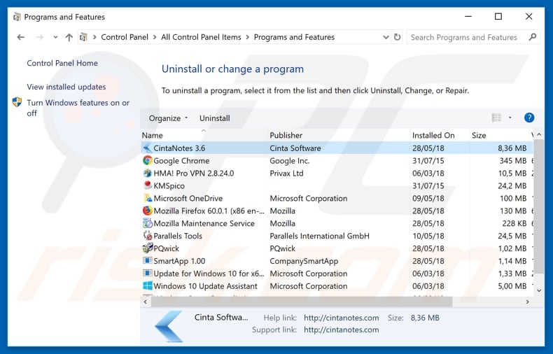 CintaNotes adware uninstall via Control Panel