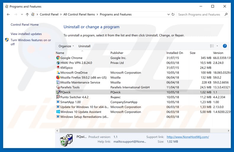 PQwick adware uninstall via Control Panel