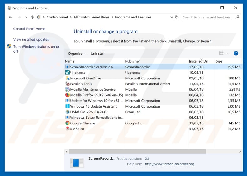 ScreenRecorder adware uninstall via Control Panel