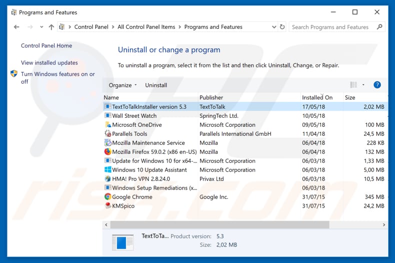 TextToTalk adware uninstall via Control Panel