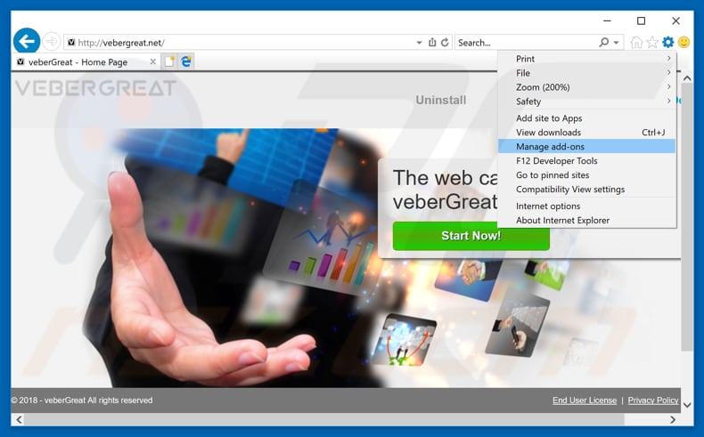 Removing VeberGreat ads from Internet Explorer step 1