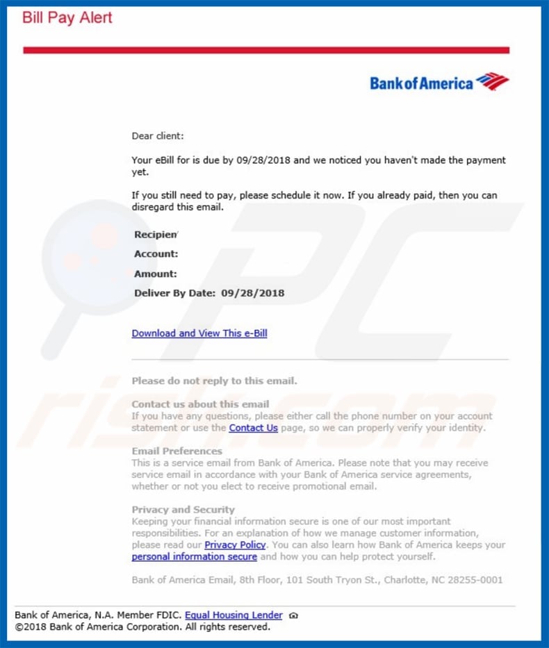 bank of america email virus variant 2