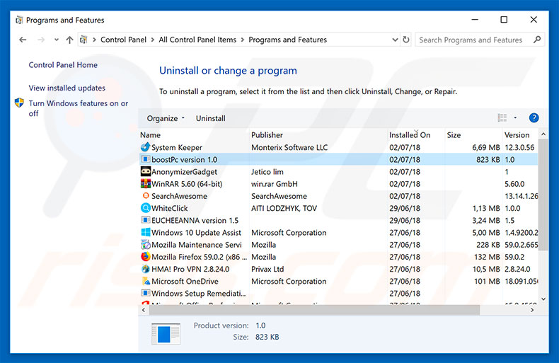 BoostPC adware uninstall via Control Panel