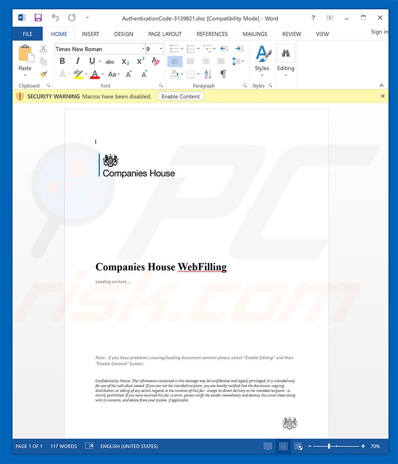 Malicious attachment distributed through Companies House Email Virus spam campaign