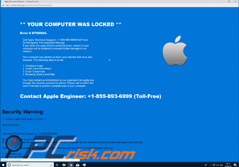 Appearance of Contact Apple Engineer (Error #DT00X02) scam (GIF)