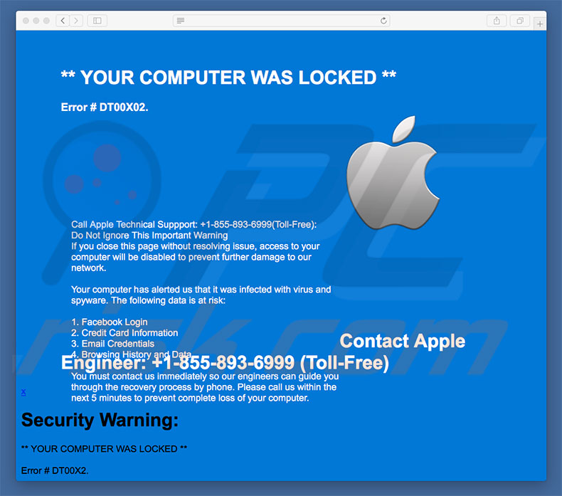 Contact Apple Engineer (Error #DT00X02) scam