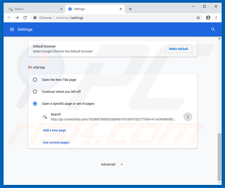 Removing go.correcticko.com from Google Chrome homepage