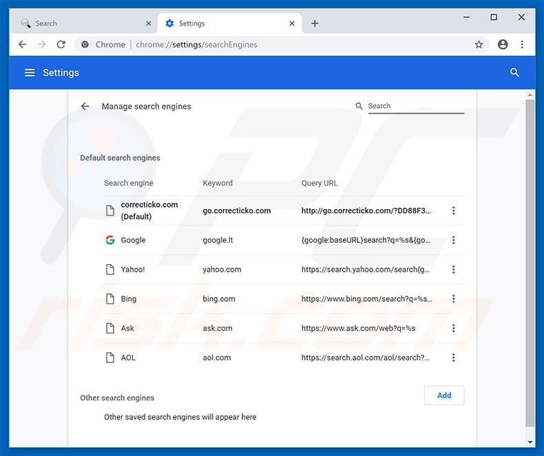 Removing go.correcticko.com from Google Chrome default search engine