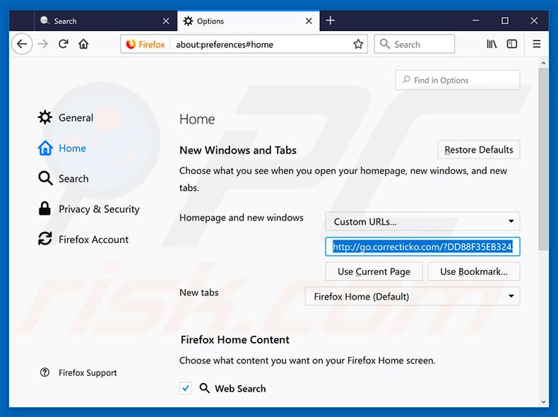 Removing go.correcticko.com from Mozilla Firefox homepage