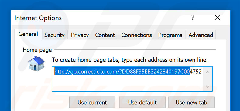 Removing go.correcticko.com from Internet Explorer homepage