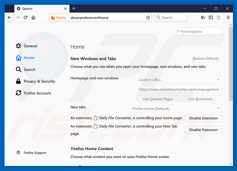 Removing dailyfileconverter.co from Mozilla Firefox homepage