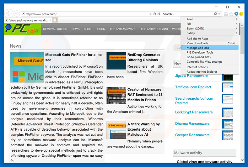 Removing rogue extensions from Internet Explorer step 1