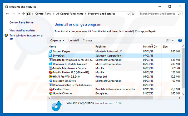 DriverDoc adware uninstall via Control Panel