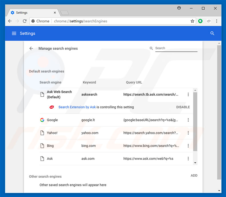 Removing hp.myway.com from Google Chrome default search engine