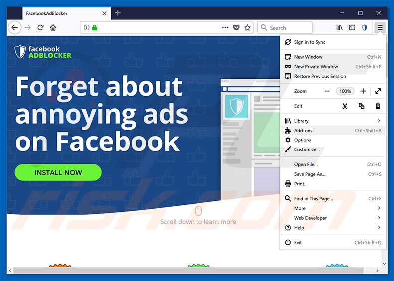 Removing Facebook AdBlocker ads from Mozilla Firefox step 1
