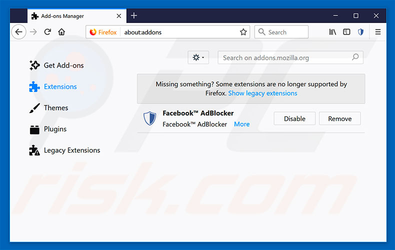 Removing Facebook AdBlocker ads from Mozilla Firefox step 2