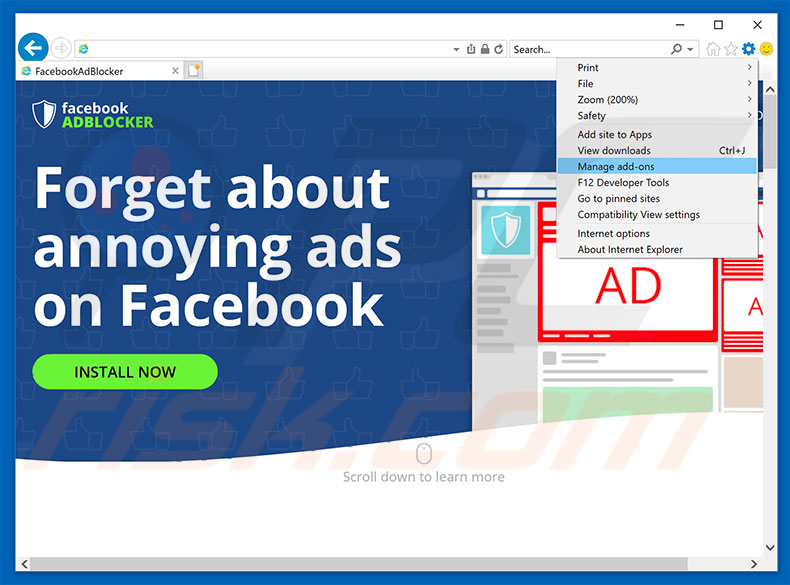Removing Facebook AdBlocker ads from Internet Explorer step 1