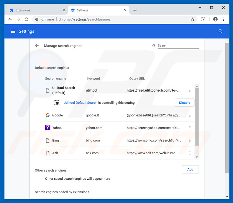 Removing feed.utilitooltech.com from Google Chrome default search engine