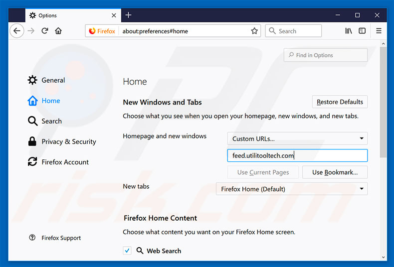 Removing feed.utilitooltech.com from Mozilla Firefox homepage