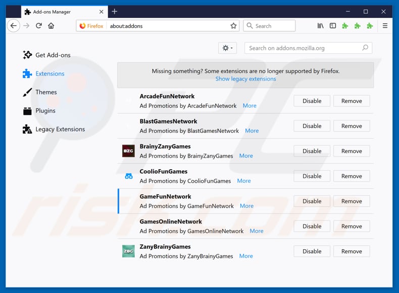 Removing GameFunNetwork ads from Mozilla Firefox step 2