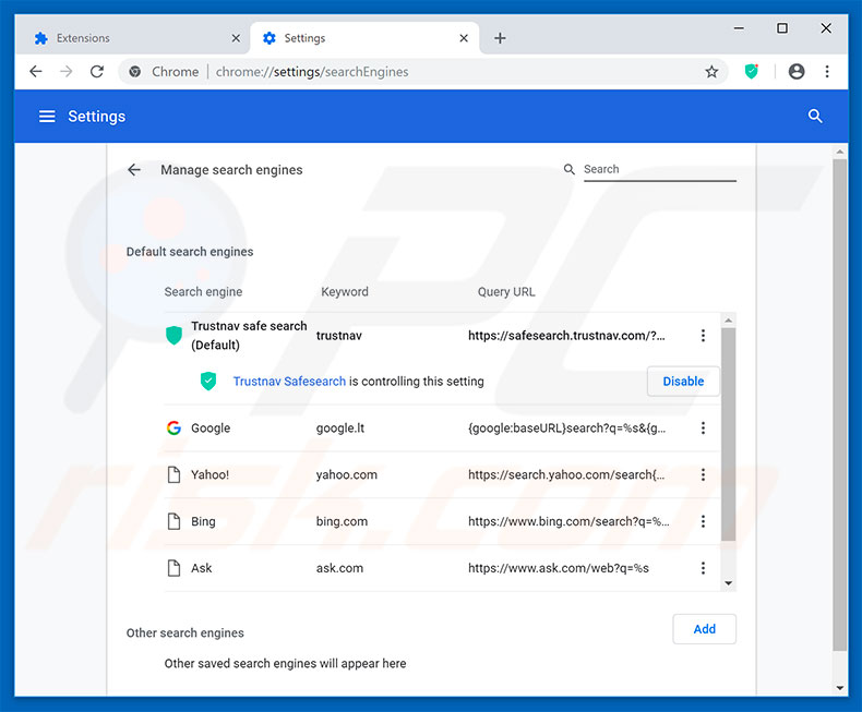 Removing safesearch.trustnav.com from Google Chrome default search engine