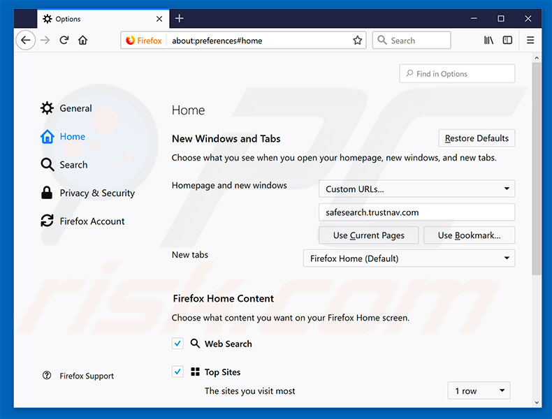 Removing safesearch.trustnav.com from Mozilla Firefox homepage