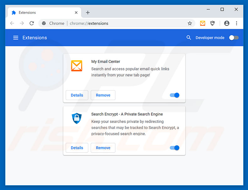 Removing search.hmyemailcenter.co related Google Chrome extensions