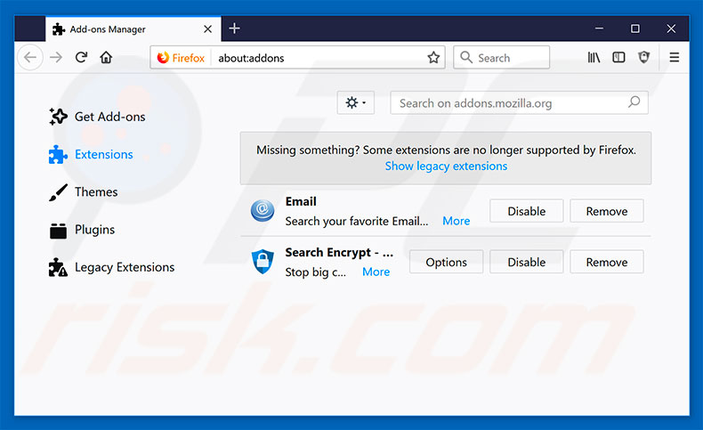 Removing search.hmyemailcenter.co related Mozilla Firefox extensions
