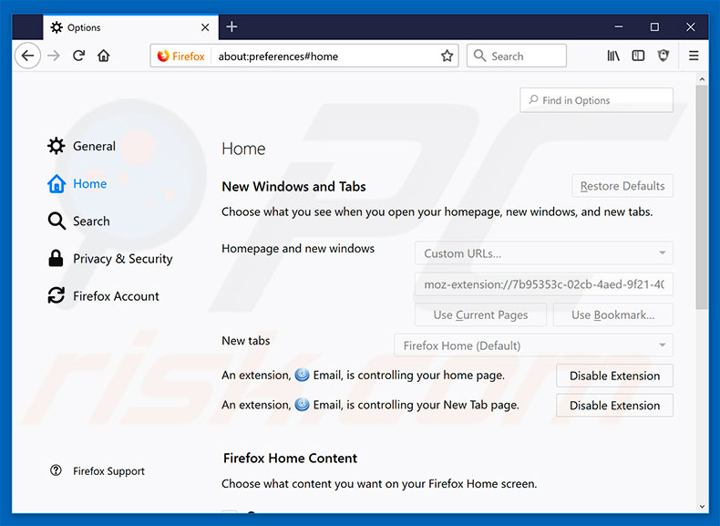 Removing search.hmyemailcenter.co from Mozilla Firefox homepage