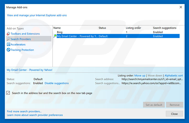 Removing search.hmyemailcenter.co from Internet Explorer default search engine