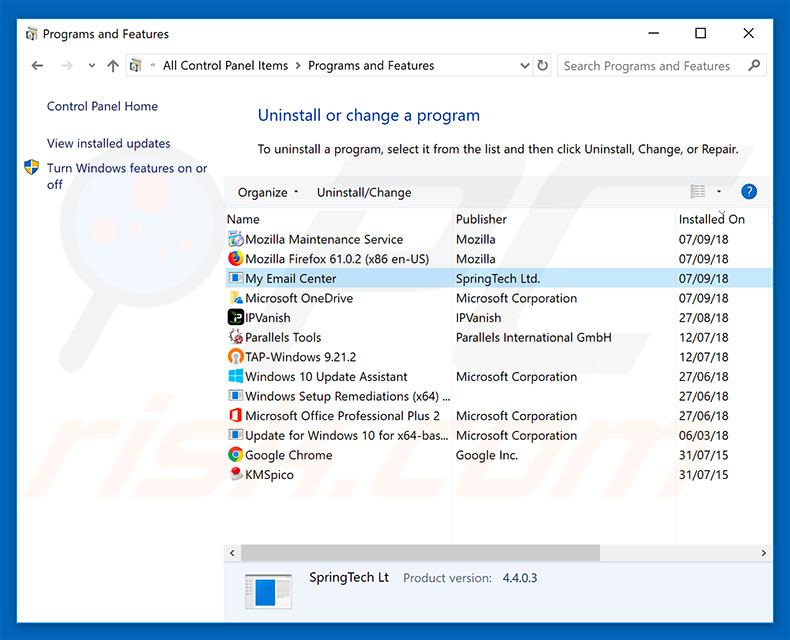 search.hmyemailcenter.co browser hijacker uninstall via Control Panel