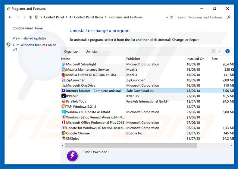 Internet Booster adware uninstall via Control Panel