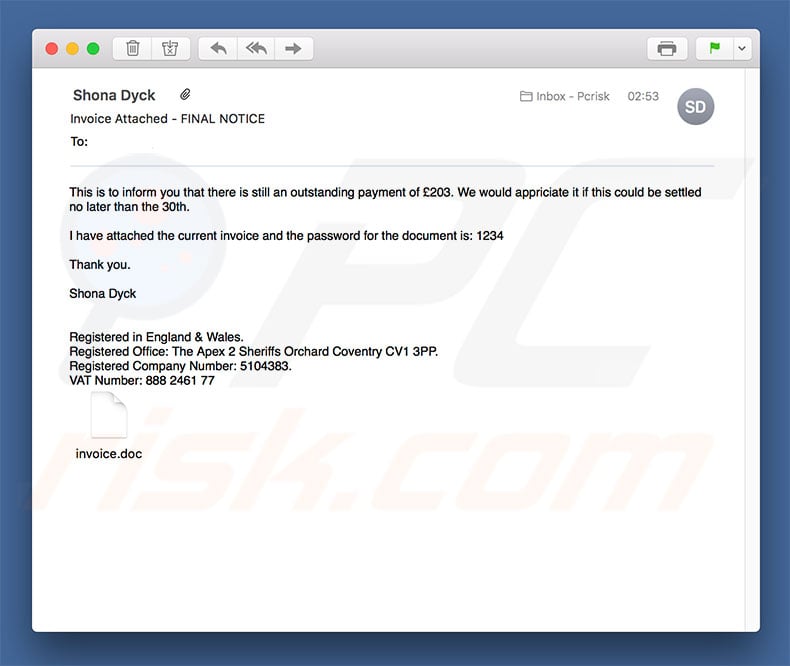 Invoice Attached - FINAL NOTICE malware