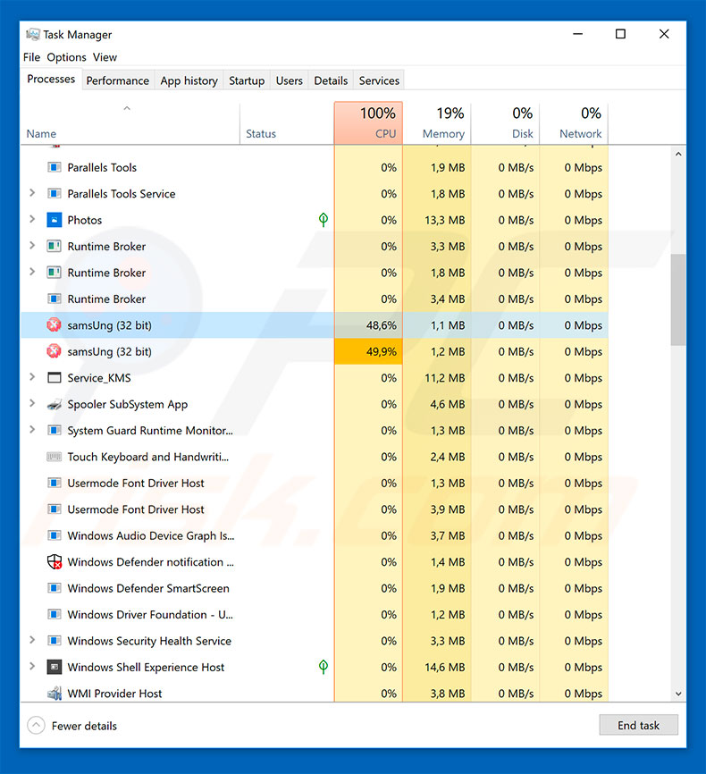 Nymaim trojan's process in Windows Task Manager