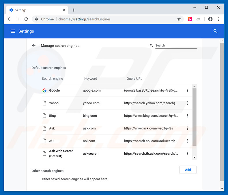 Removing hp.myway.com from Google Chrome default search engine