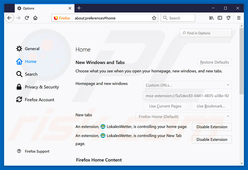 Removing search.lokaleswetternt.com from Mozilla Firefox homepage