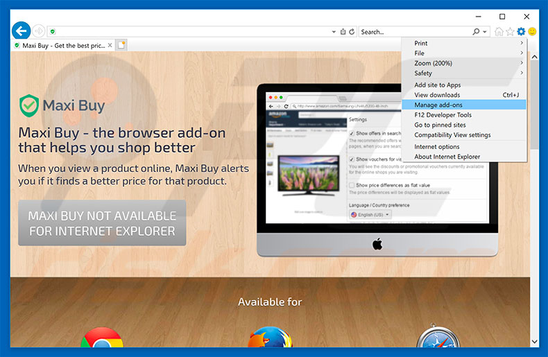 Removing maxibuy ads from Internet Explorer step 1
