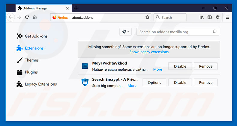 Removing search.moyapochtavkhodnt.com related Mozilla Firefox extensions