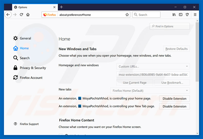 Removing search.moyapochtavkhodnt.com from Mozilla Firefox homepage
