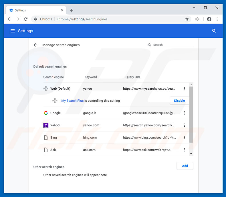 Removing mysearchplus.co from Google Chrome default search engine