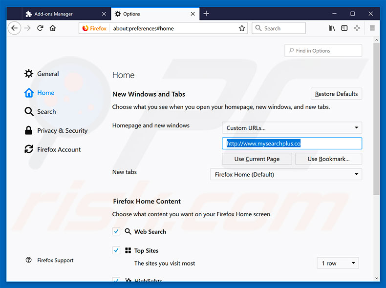 Removing mysearchplus.co from Mozilla Firefox homepage