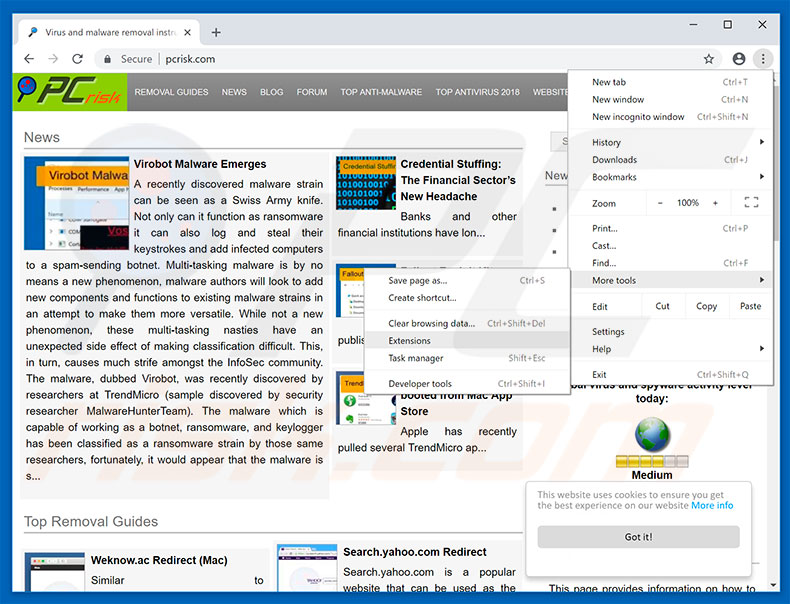 Removing rogue extensions from Google Chrome step 1