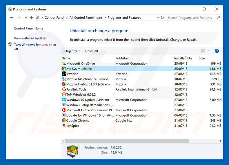 My Sys Mechanic adware uninstall via Control Panel
