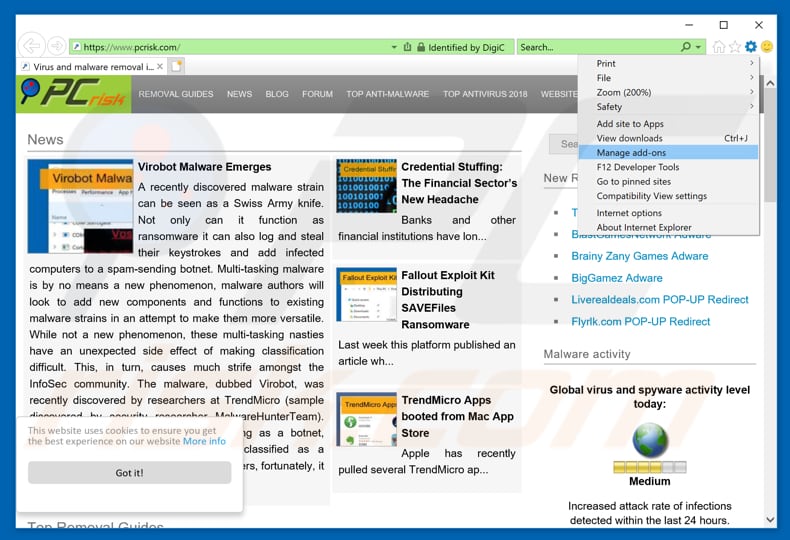 Removing newsupdatesky.info ads from Internet Explorer step 1