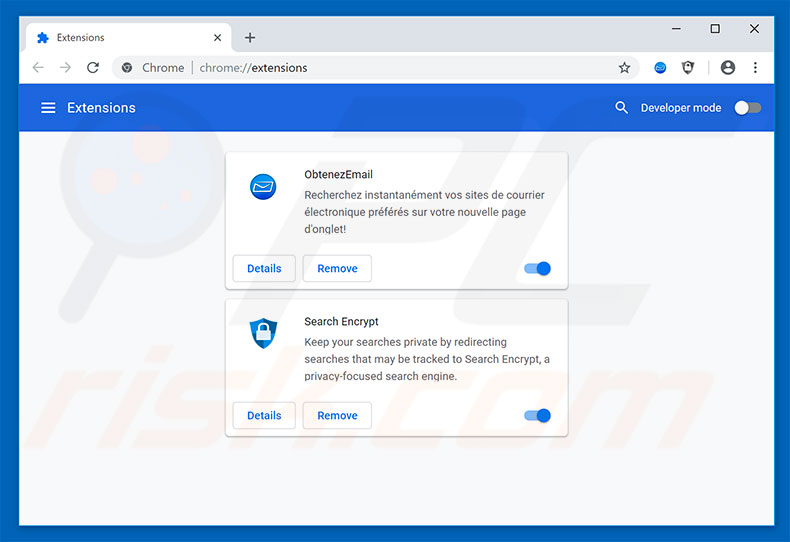 Removing search.obtenezemail.com related Google Chrome extensions