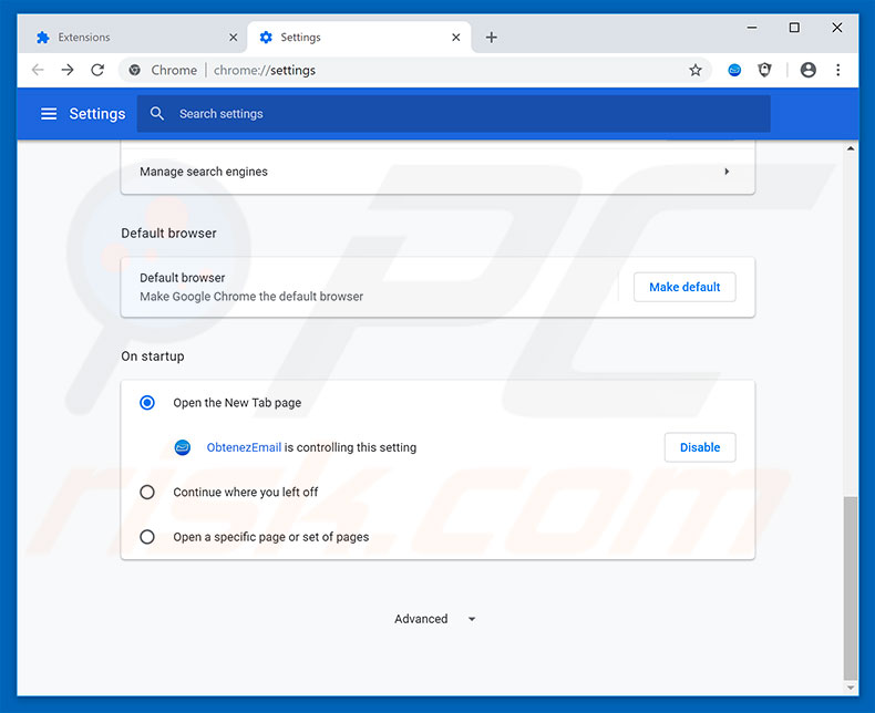 Removing search.obtenezemail.com from Google Chrome homepage