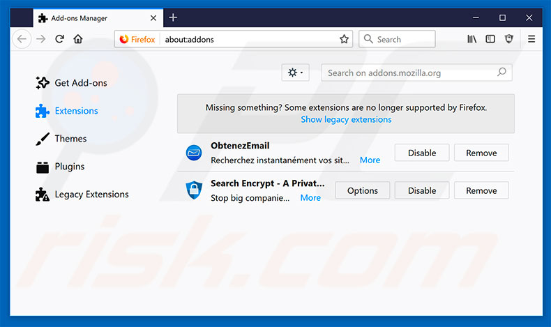 Removing search.obtenezemail.com related Mozilla Firefox extensions