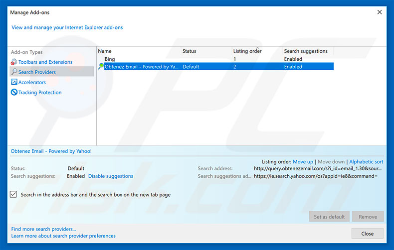 Removing search.obtenezemail.com from Internet Explorer default search engine