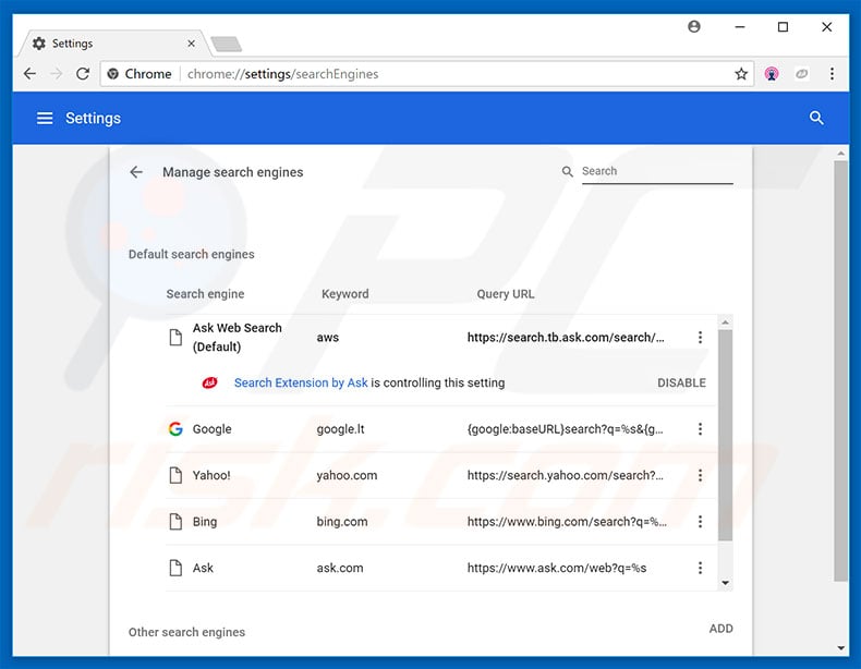 Removing hp.myway.com from Google Chrome default search engine