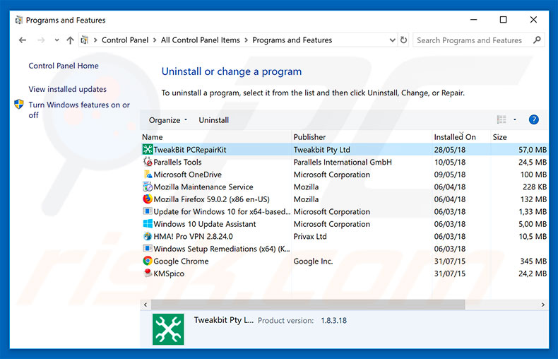 PCRepairKit adware uninstall via Control Panel